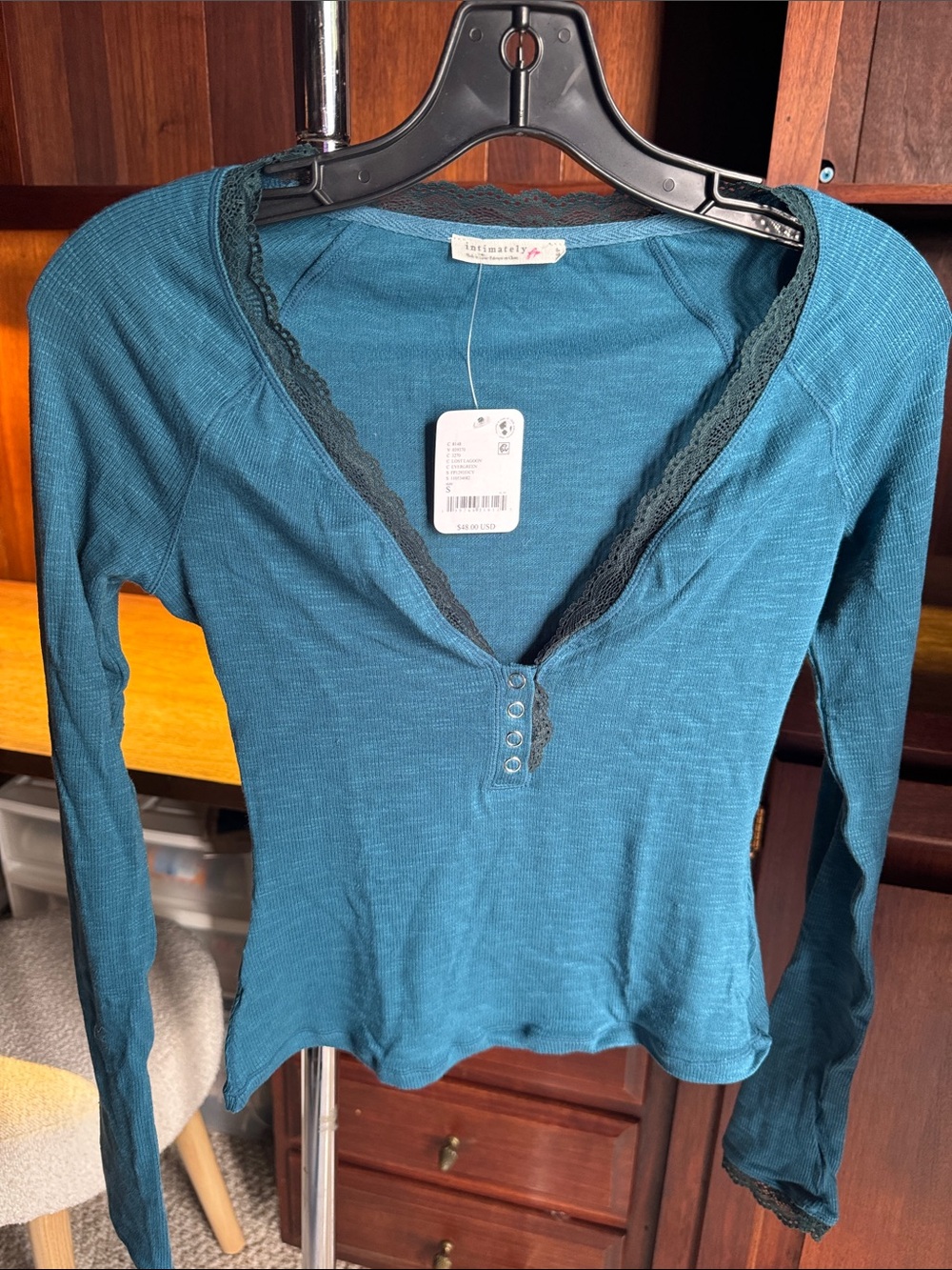 Free People Teal Lace-Trim Henley Ribbed Long Sleeve Top